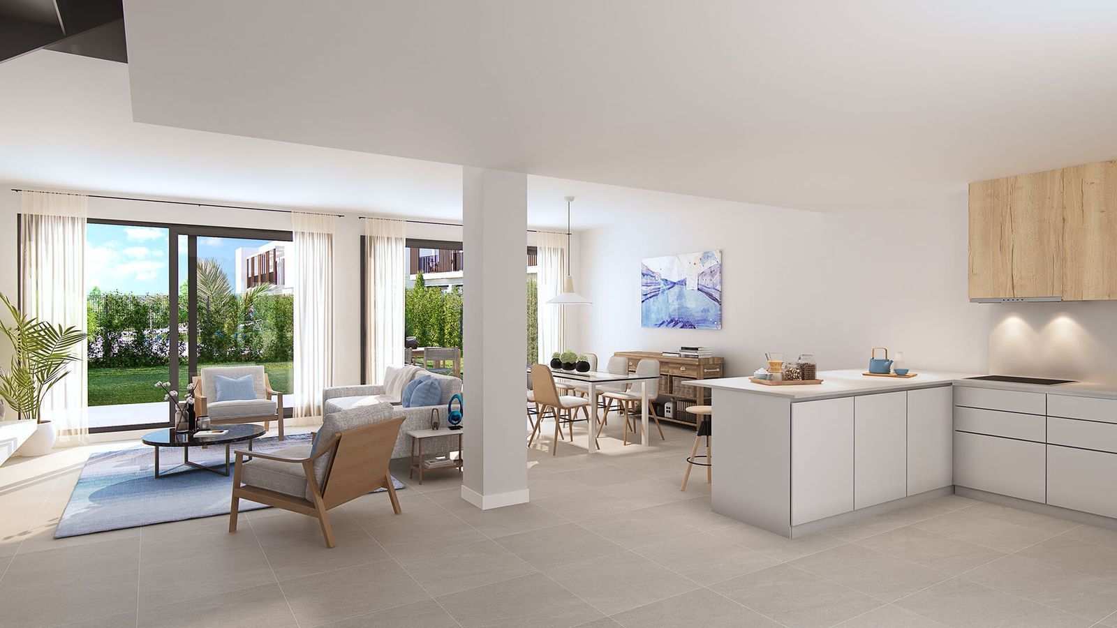 Modern open-plan living room with large windows, kitchen, and dining area.