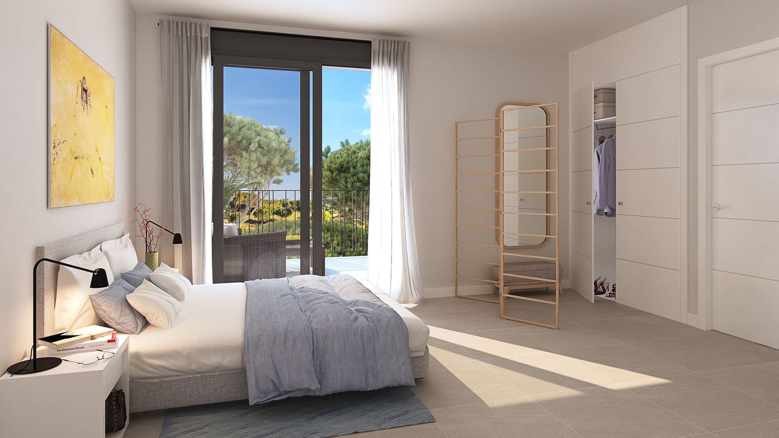 A modern bedroom with a balcony view, featuring a bed, nightstand, and wardrobe.