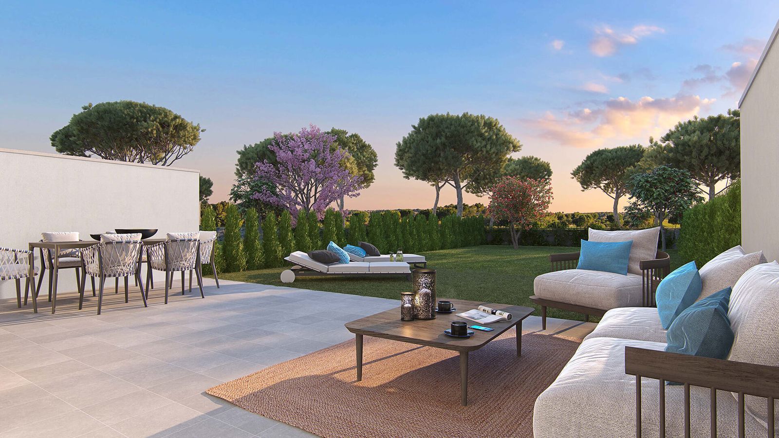 Outdoor patio with dining area, lounge seating, and garden view.
